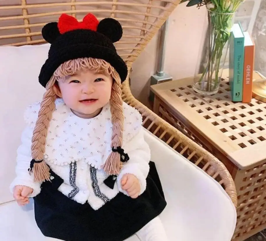 Cute Baby Girl Boy Bucket Hat Hair Pigtail Braid Wig Cap Winter Warm Crochet Knitted Children Kids Girls Hats and Caps Black