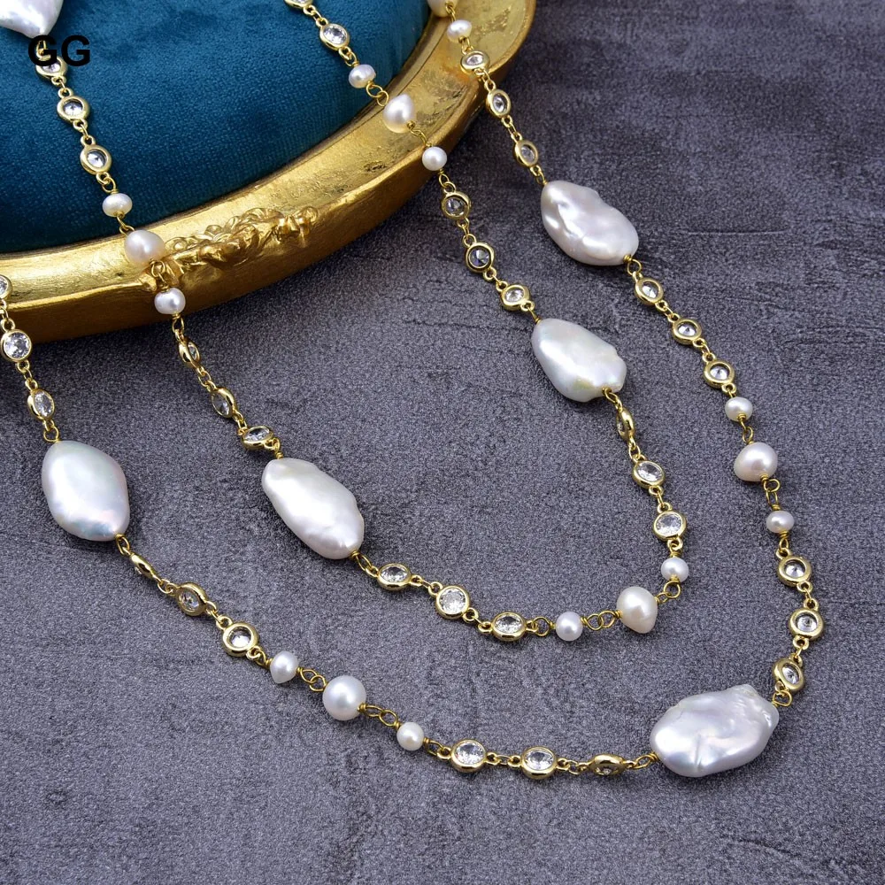 GuaiGuai Jewelry 65\'\' Natural White Keshi Pearl Crystal Gold Color Plated CZ Chain Long Necklace For Women
