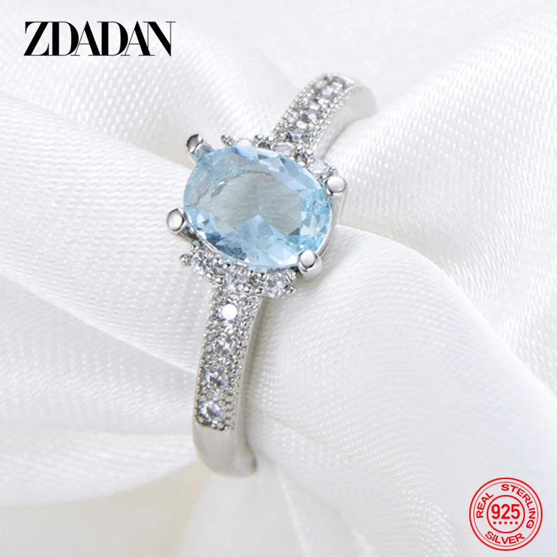 ZDADAN 925 Sterling Silver Charm Aquamarine Ring For Women Fashion Wedding Jewelry Engagement Party Gift