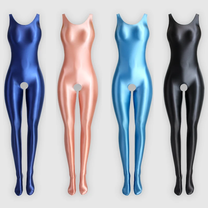 New Sexy Shiny Tights Glossy Silky White Body Suit Open Crotch Pantyhose Running Sports Bodysuit Wetsuit Plus Size Bathing Suits