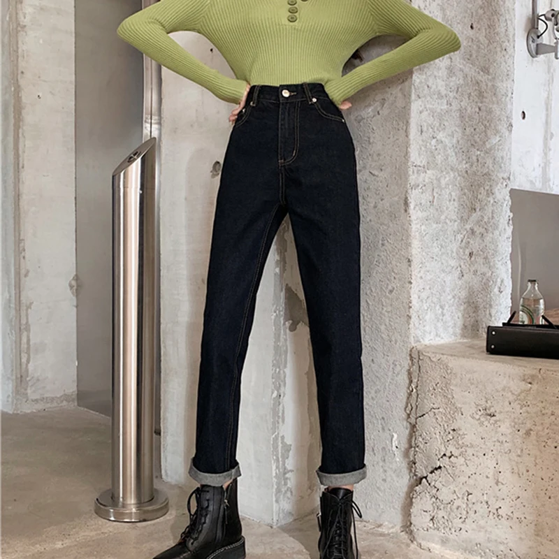 Korean Style Straight Jeans For Women Black High Waist Denim Pencil Pants Skinny Retro Boyfriend Mom Jeans Casual Female Trouser