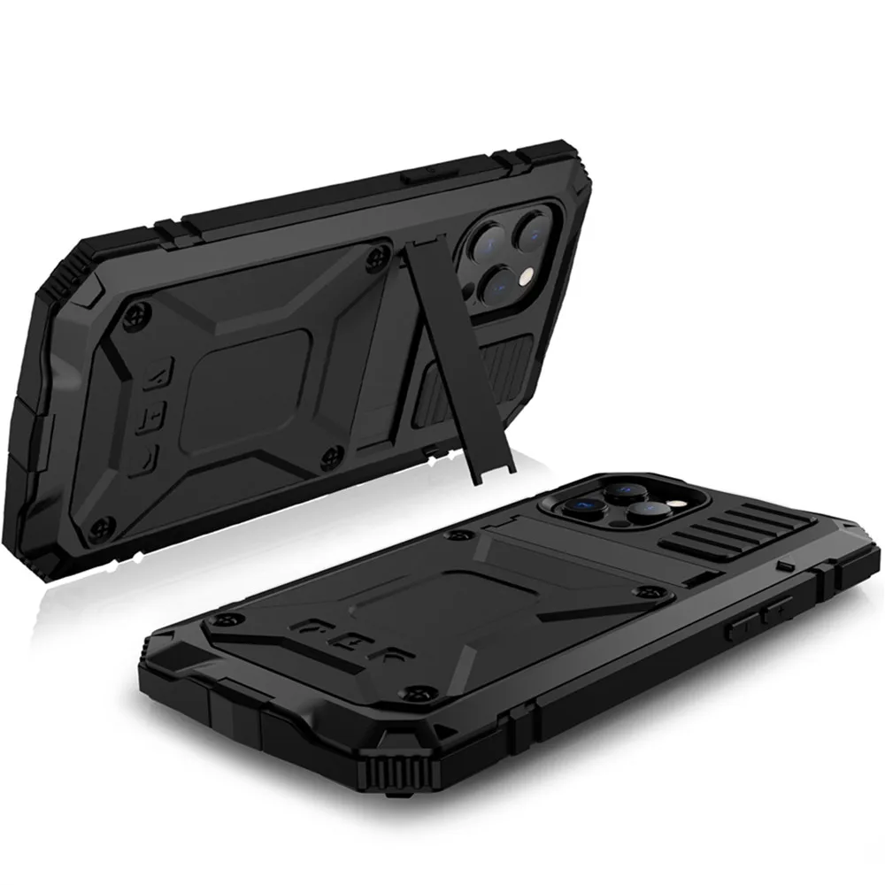 Heavy Duty Rugged Metal Aluminum Case For iPhone 14 13 15 12 Pro Max XR Xs Max Military Shockproof Bumpers Armor Kickstand Cases