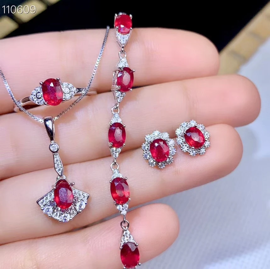 

charming red Ruby gemstone ring necklace bracelet stud earring jewelry set 100% natural gem cost effective girl birthday gift