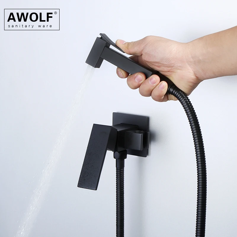 Imagem -02 - Awolf Latão Frio e Quente Matt Black Handheld wc Bidé Pulverizador Conjunto Praça Shattaf Higiênico Chuveiro Bidé Torneira Ap2241