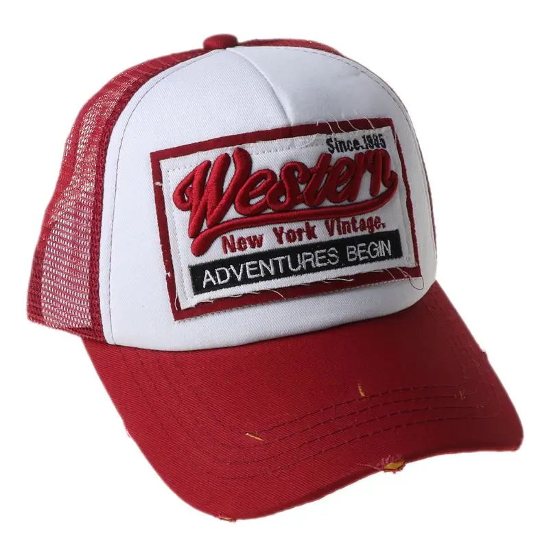 Unisex Vintage Western Letters Embroidered Logo Patch Baseball Cap Breathable Mesh Back Casual Distressed Snapback Trucker Hat