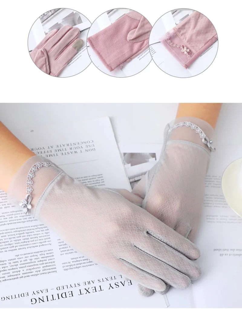 Sexy Summer Women UV Sunscreen Short Sun Screen Pearl Flowers Gloves Thin Ice Silk Lace Touch Screen Viscose Driving Gloves J53