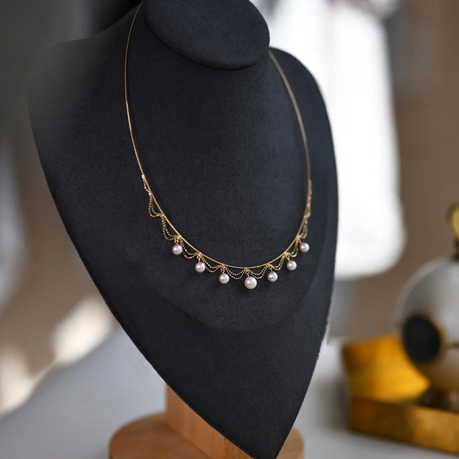 NYMPH Real 18K Gold Fine Jewelry Lace Necklace Choker Solid AU750 Collar Chain Natural AKOYA Seawater Pearl For Women N502