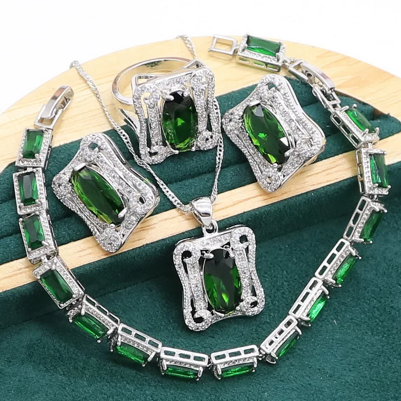 Geometric Green Emerald 925 Sterling Silver Jewelry set for Women Bracelet Hoop Earrings Necklace pendant Ring Birthday Gift