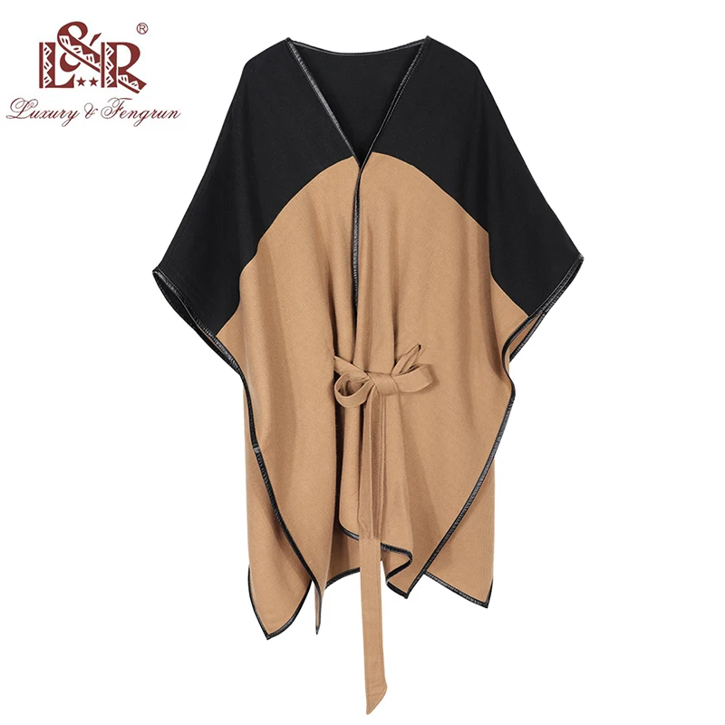 2022 New Design Waistban Dess Winter Poncho for Women Ladies Cashmere Wool Ponchos Leather Hem Shawl Knitted Women Poncho Scarf