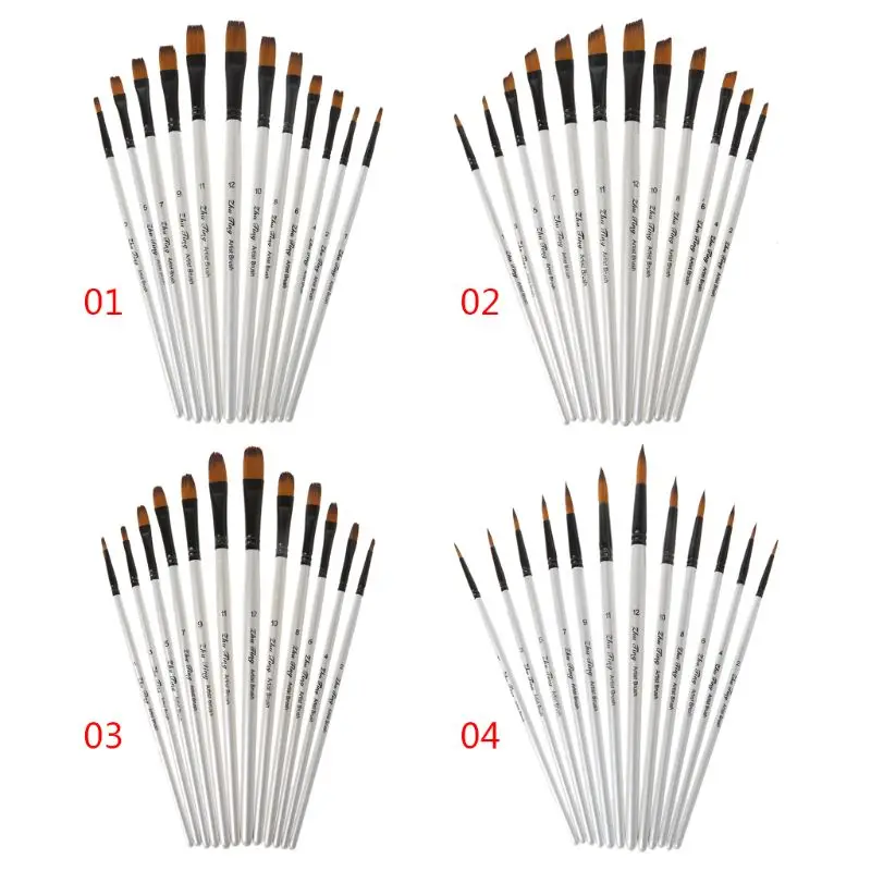 12Pcs Artist Paint Brush Set Nylon Bristles Watercolor Acrylic Oil Painting Slant Flat Round Pointed Pen Tip Wood Handle Art Acc