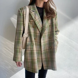 Snordic-Vintage Green Plaid Blazer for Women, Double Breasted Coat, Notched Collar, Leisure Jacket, Outwear Suit, Autumn