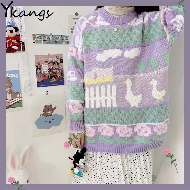 Spring Warm Korean Purple christmas Sweaters Women Cartoon Flowers Design College Girl Knit O-Neck Harajuku Loose Femme Pullover