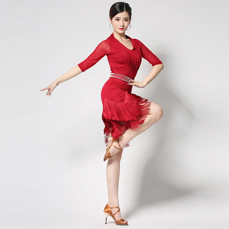 New Women Dance Clothes Salsa Samba Wear Half Sleeves Spandex Mesh Fringes Latin Dresses with Peals Belt