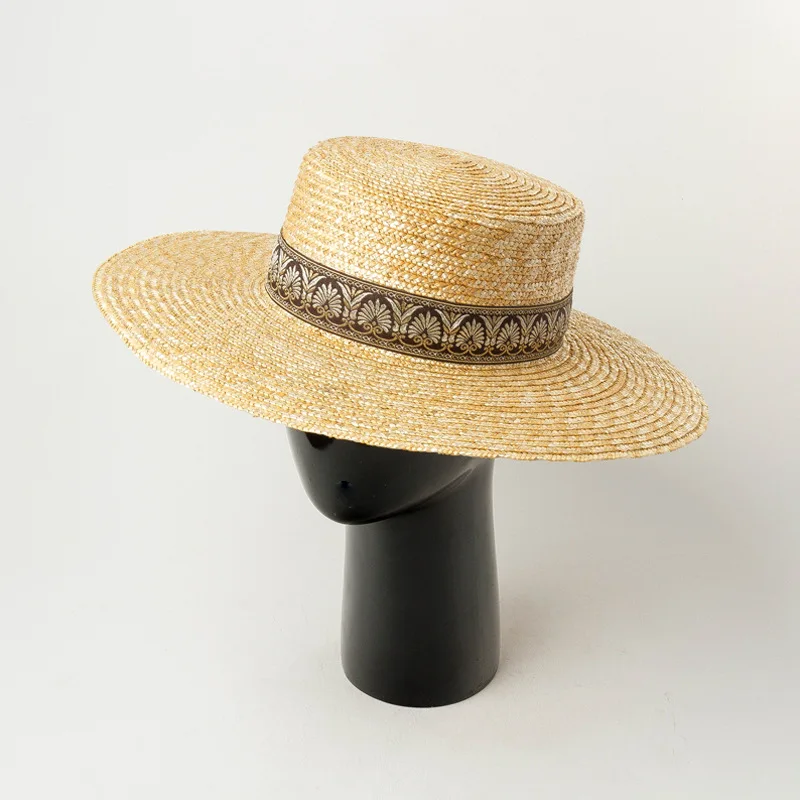 Ethnic Style Ribbon Wide Brim Sun Hat Women Straw Flat Beach Hat Ladies Summer Canotier Vacation Church Kuntucky Derby Hat