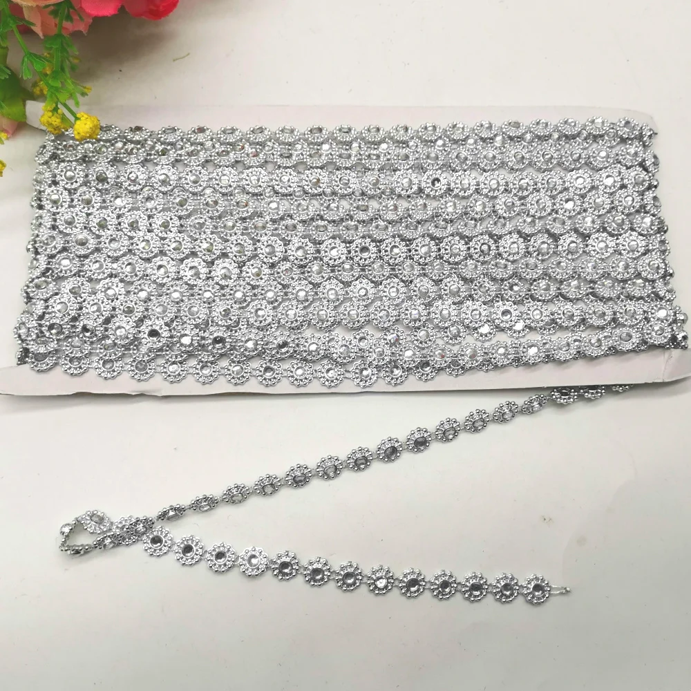 9 Yards/Lot Crystal Chains Gold and Silver Diamond Ribbon Lace Appliques 9mm Wide