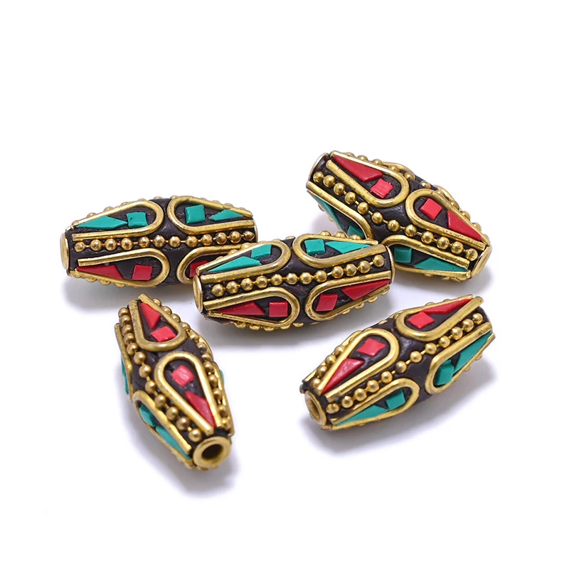 TZ-N Handmade Nepal Buddhist Tibetan Brass Craft Beads for Necklace Jewelry Making Accessories Clay Inlaid Colorful Cylindrical