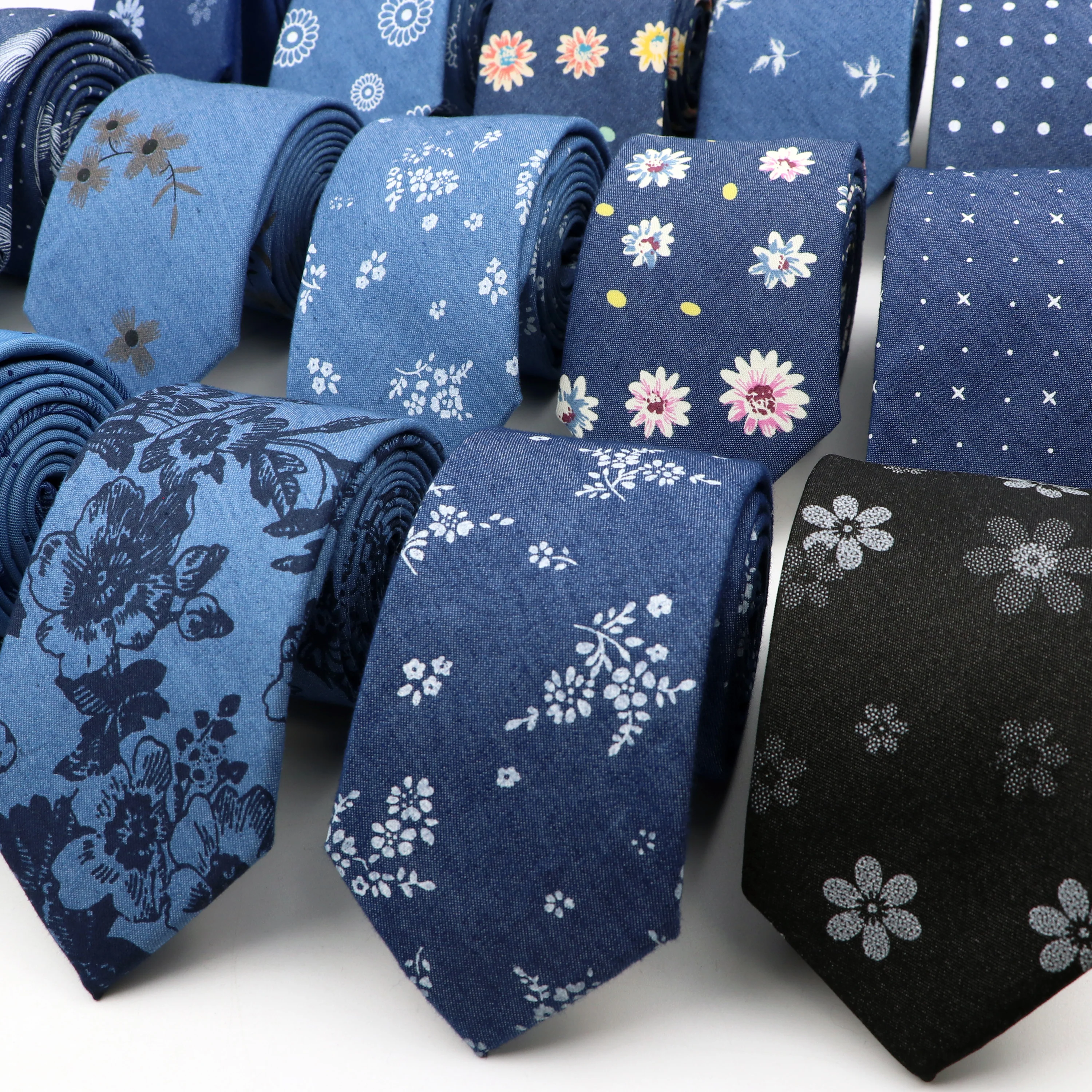 New Cotton Denim Ties For Men 7CM Floral Feather Dot Blue Neck Tie For Wedding Party Casual Print Slim Neckties Daily Wear Gift