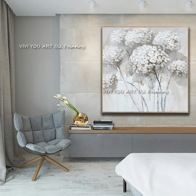 White Hydrangea Floral Thick Oil Painting On Canvas, Impasto Textured Artwork Handpainted Square Wall Decor