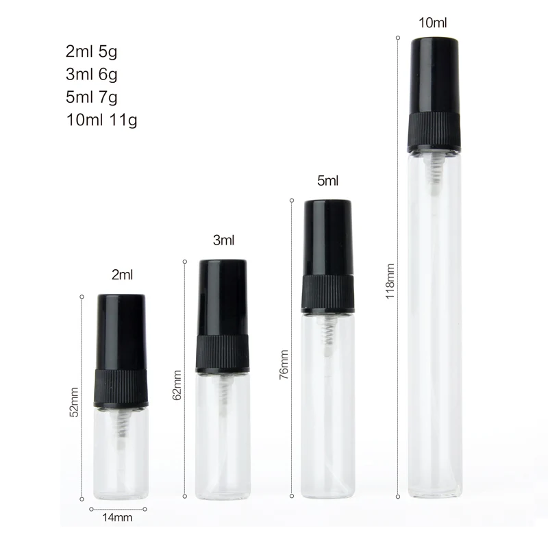 Botellas de vidrio vacías para Perfume, atomizador negro, contenedor de cosméticos de viaje, 2ml, 3ml, 5ml, 10ml, 100 unids/lote