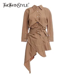 TWOTWINSTYLE Irregular White Shirt Dress For Women Lapel Long Sleeve High Waist Mini Dresses Female 2020 Summer Fashion New