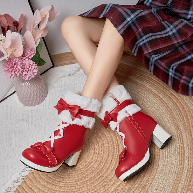 Winter High-heeled Lolita Ankle Boots Faux Fur Waterproof Platform Thick Bottom Cute Bow Red Pink Black Women Shoes Size 34-43