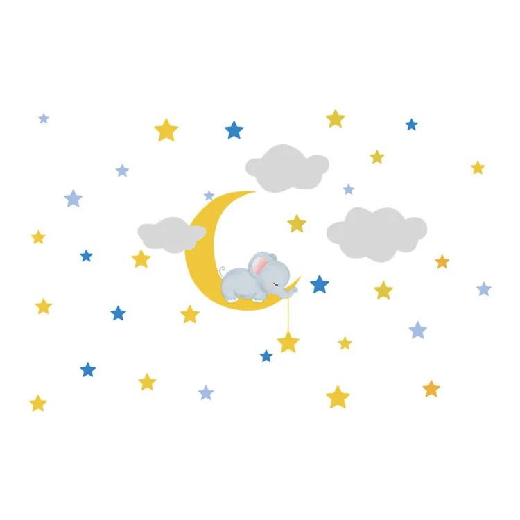 Cartoon Baby Elefant Mond Stern Wandaufkleber für Kinderzimmer Schlafzimmer Hintergrund Dekoration Wohnzimmer Dekoration Schöner Aufkleber – Detail 6