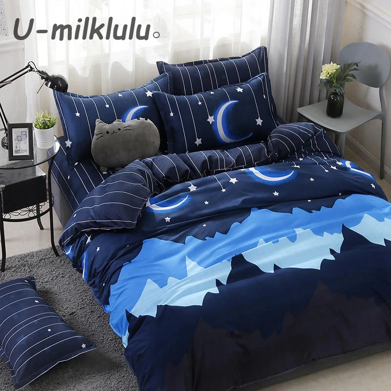 Moon StarPrinted Bedding Set Nordic Sheet Set Blue Duvet Cover Single, Double, Queen, King Size, Elastic Bed Set, Pillowcases, 4