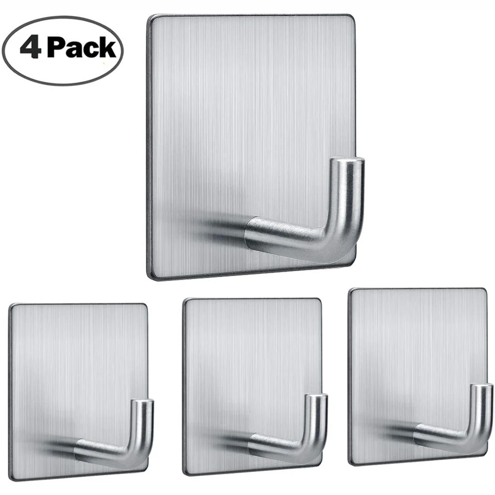 Stainless Steel Adhesive Hooks, Towel Hangers, Hanging for Bathroom, Kitchen, Home Stick Wall on Silver, 4Pcs