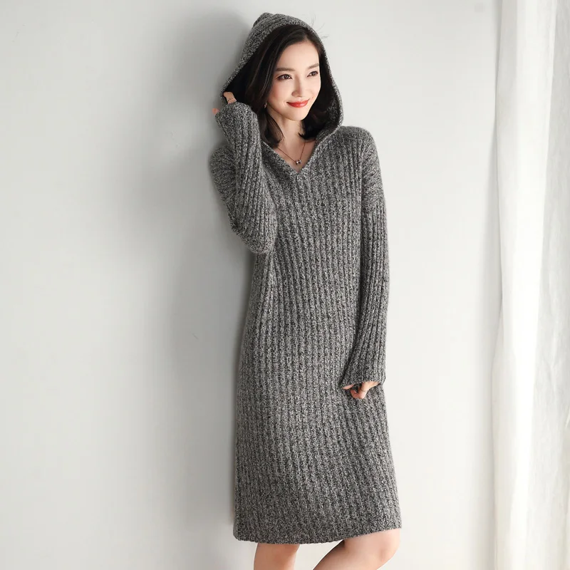 2020 New Autumn Sweater Dress Lady Sweater Fashion Solid Color  Hooden Sweaters Dress Pullovers Free Shipping