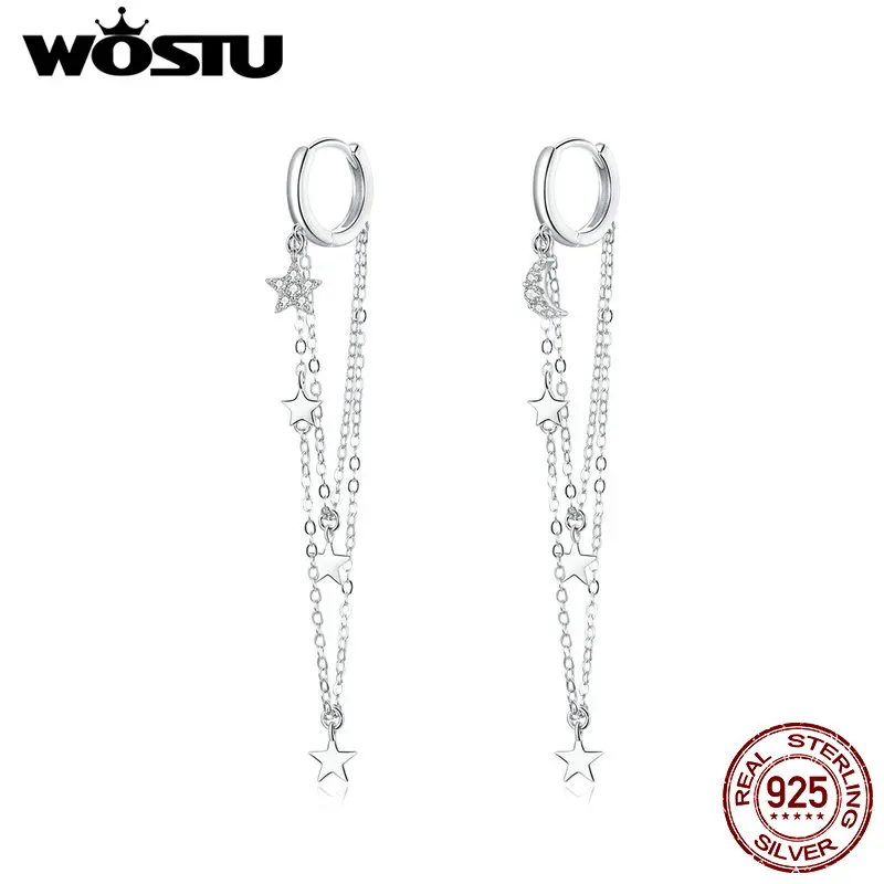 WOSTU Stars & Moon Tassel Drop Earrings 925 Sterling Silver Zircon Long Chain Link For Women Original Silver Jewelry CQE982