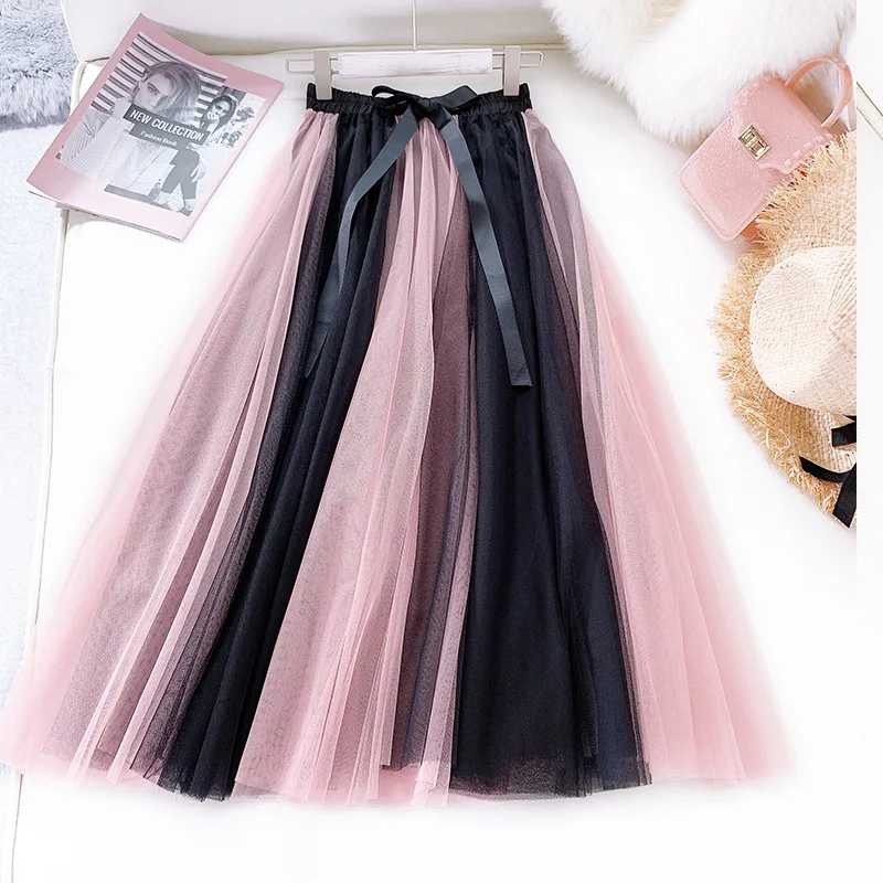 

Fashion Women Skirt Bow Tie Hallow Out Mesh Patchwork Long Skirts Female Elegant Lace Skirt Summer Autumn Big Swing Skirt Faldas