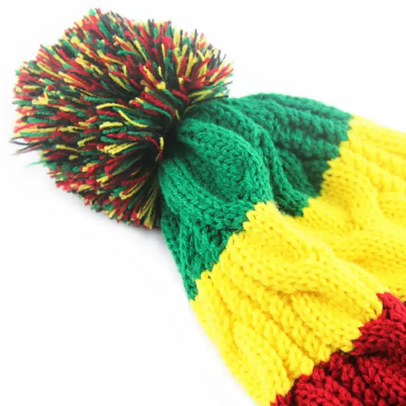 Unisex Winter Braided Knit Pompom Beanie Cap Rainbow Stripes Cable Crochet Warm Stretchy Hip Hop Jamaican Skullies Hat