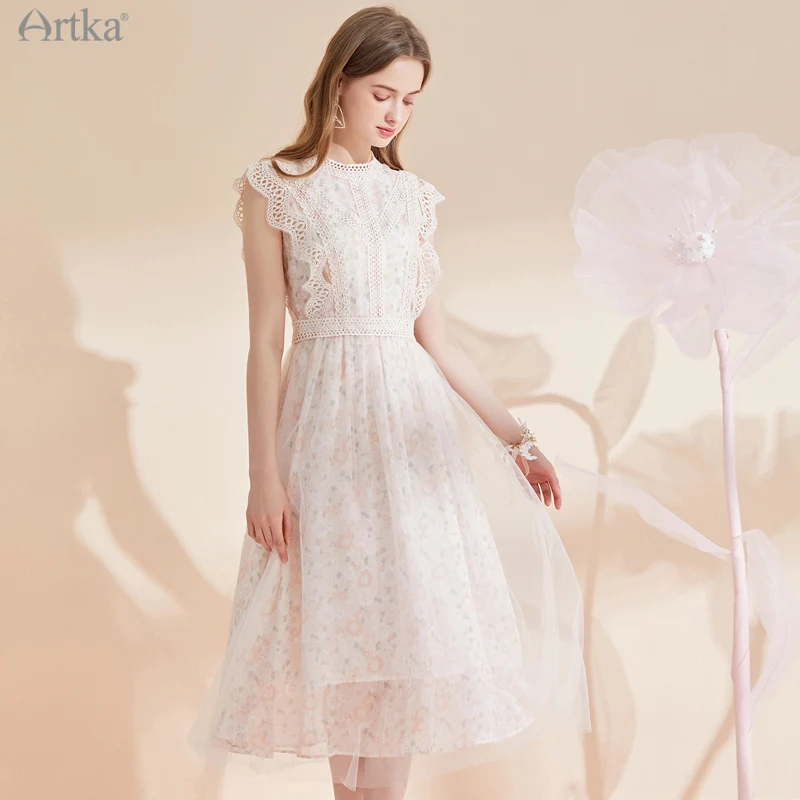 ARTKA 2021 Summer New Women Dress Elegant Floral Mesh Chiffon Long Dresses Hollow Out Lace O-Neck Flying Sleeve Dress LA25213X