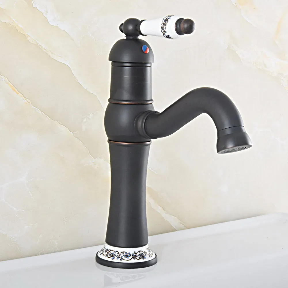 Oil Rubbed Bronze Single Handle Single Hole Bathroom Sink Faucet Swivel Spout Ceramic Handle Hot & Cold Water Mixer Taps Nsf823