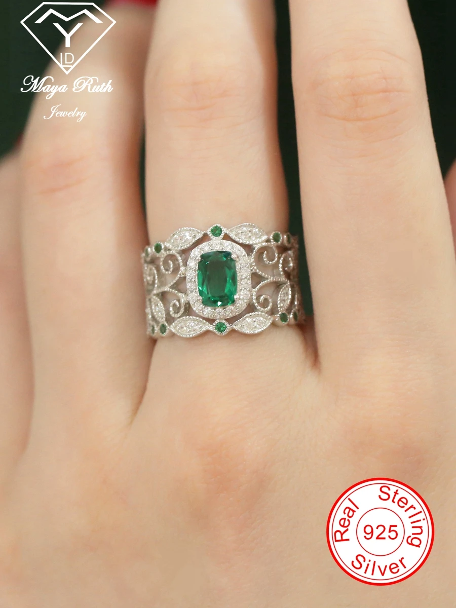 

Created Emerald Real 925 Sterling Silver Designer Cocktail Lace Ring For Women Vintage Aesthetic Unusual Style 2025 Trend New