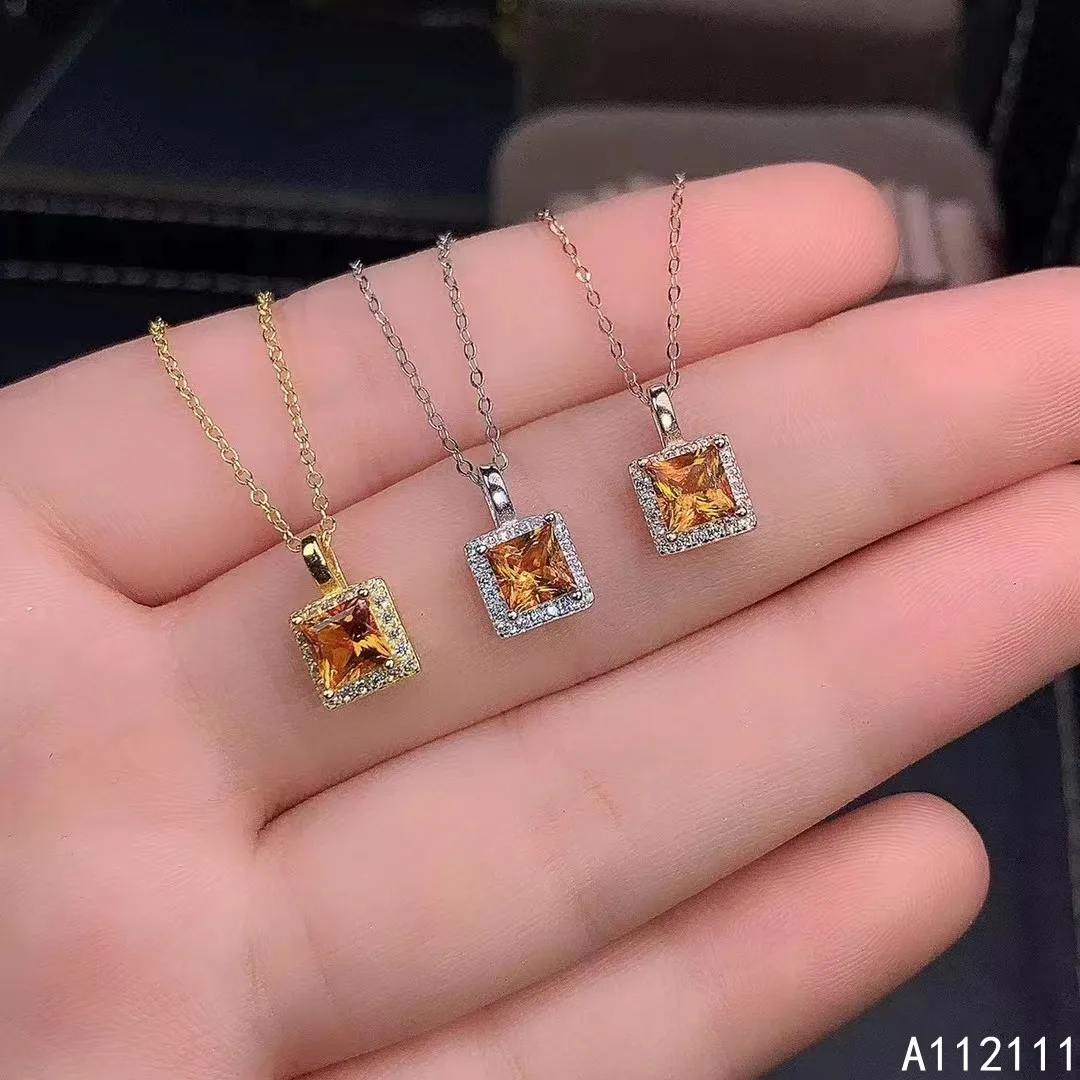 

Fine Jewelry 925 Sterling Silver Inlay With Gemstone Women Popular Elegant Square Fresh Citrine Pendant Necklace Support Detecti