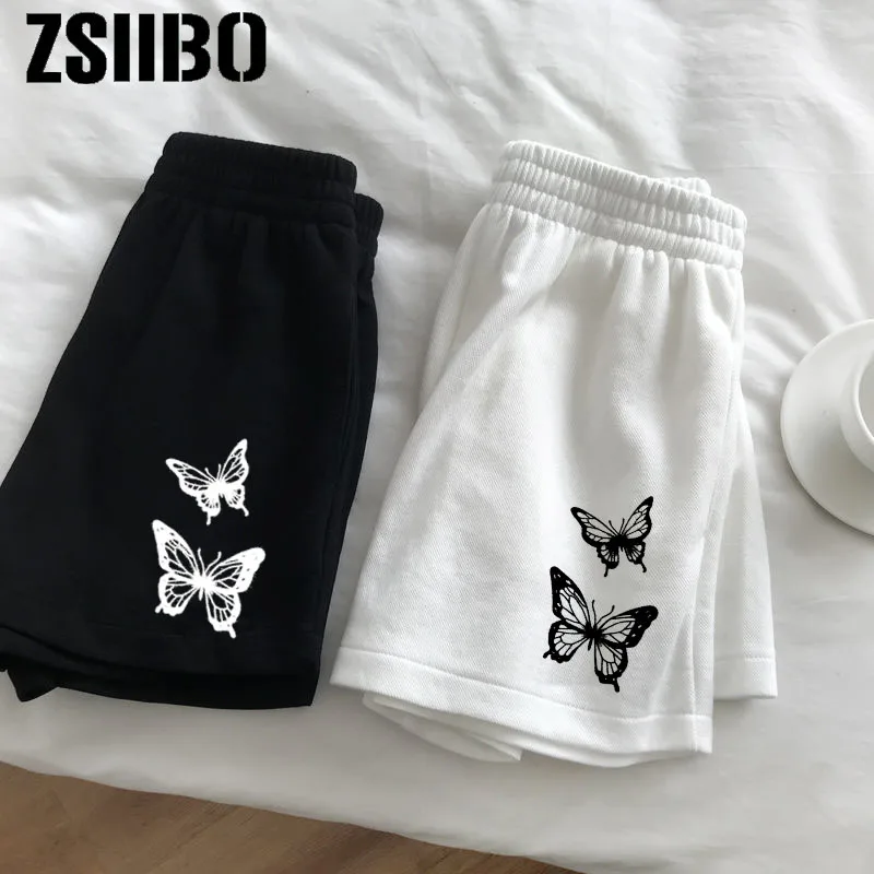 New All-match shorts summer casual women's loose butterfly print casual women's fitness belt tight stretch shorts shorts women