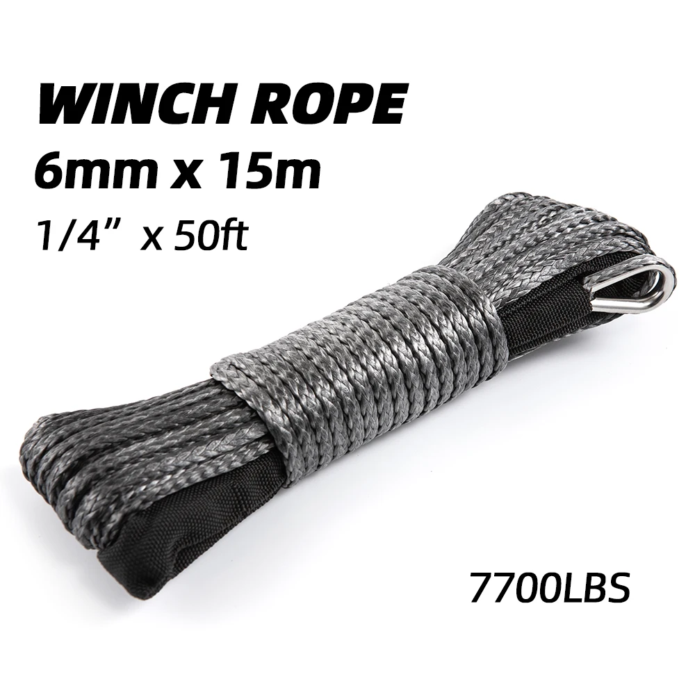 6mm x 15m 1/4’’ x 50ft 7700LBs Plasma Cable Synthetic Winch Line Uhmwpe Rope with Sheath Car Accessories for ATV UTV Off-Road