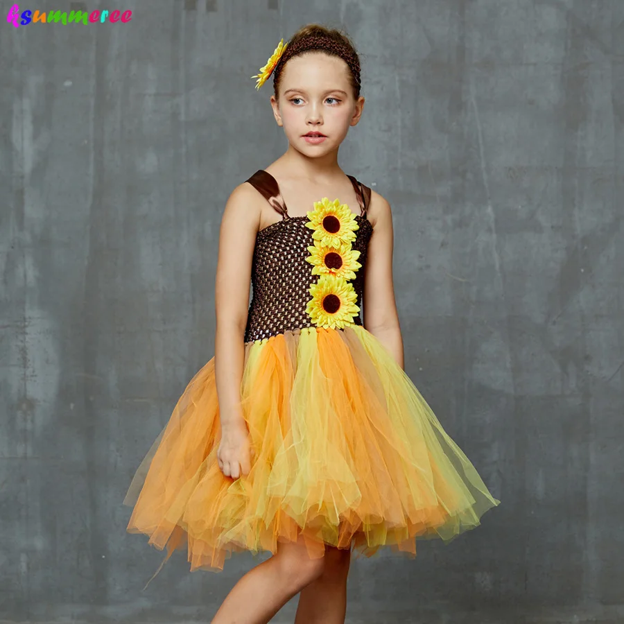 Fall Sunflower Girls Tutu Dress with Matching Headband Kids Woodland Fairy Costume Children Thanksgiving Birthday Tutu Dress