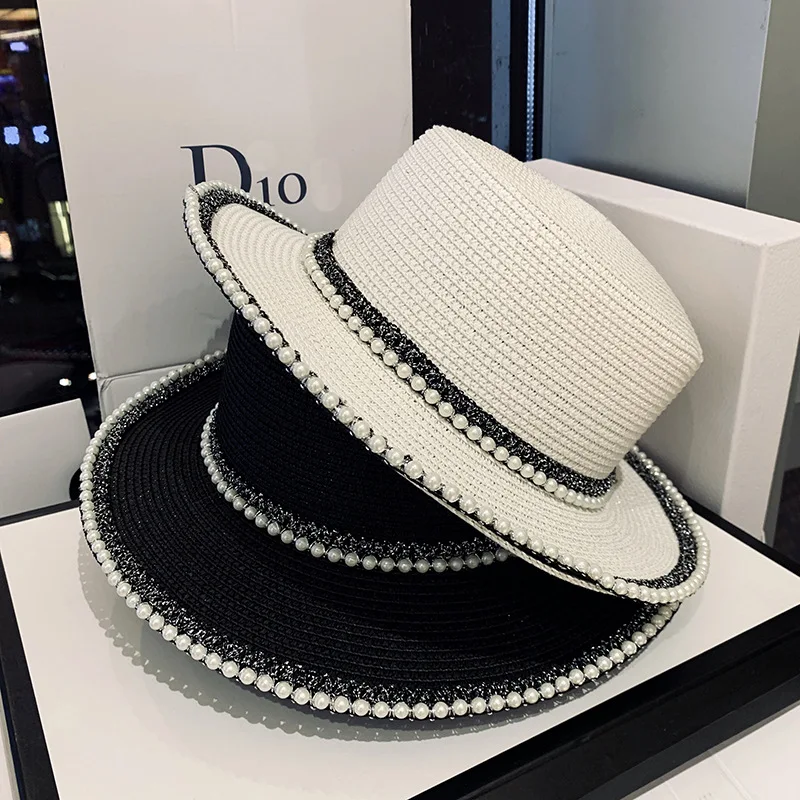 2020 New Summer Women Hats Sequin Visor Cap Brim Jazz Travel England Pearl Beach Caps Straw Hat Women Casual Panama Sun Hat