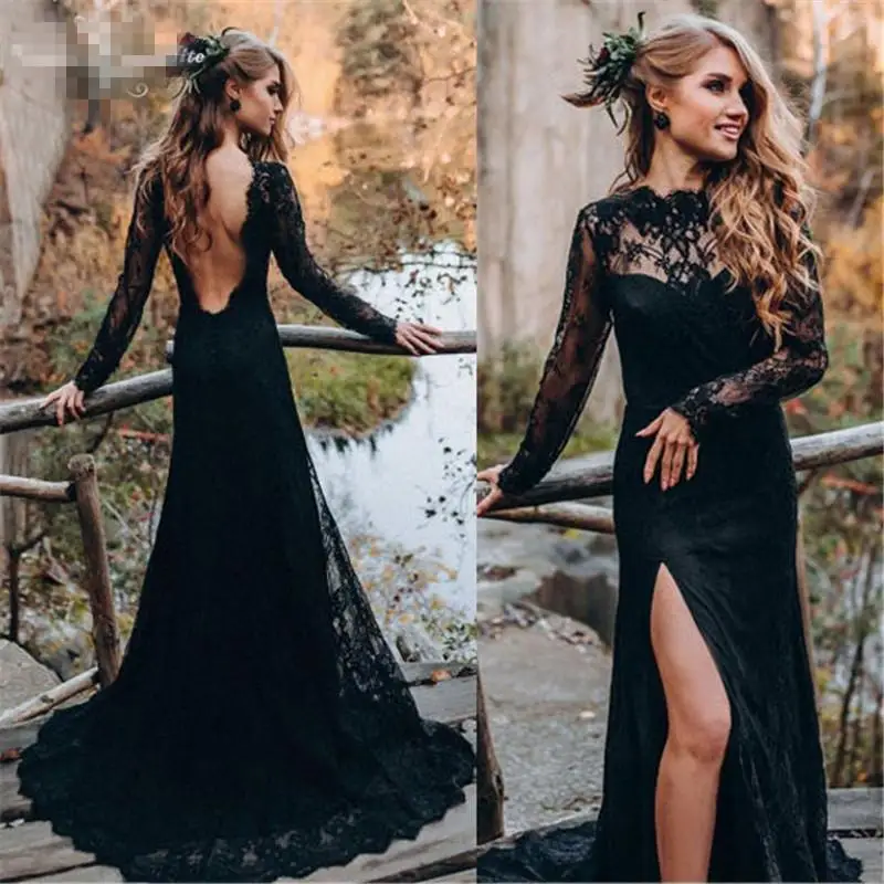 Vestidos de Fiesta de encaje negro de manga larga para mujer, vestidos de sirena con Espalda descubierta, vestidos de noche personalizados, vestido Formal transparente para fiesta, 2022