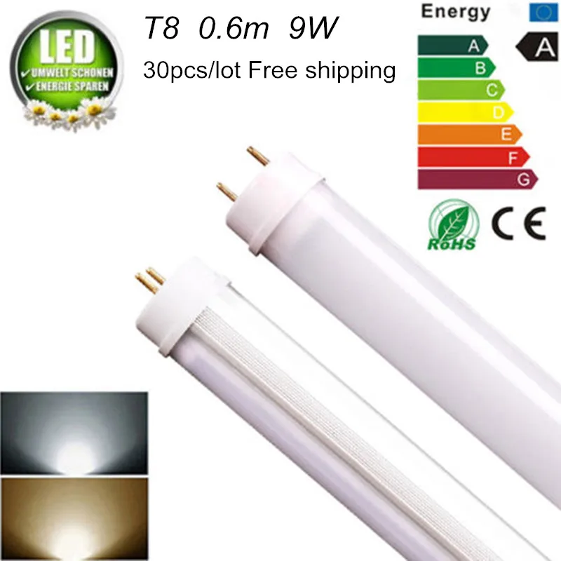 

30pcs/lot,Free shipping,G13 2ft T8 Led Tube T8 600mm 9Watt AC85-265V SMD2835 CE Rohs