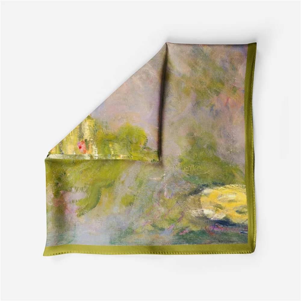 Twill Silk Scarf Woman Flowers Painting Square Scarves Wraps Bandana Small Hijab Silk Foulards Tie Headband Neckerchief 53CM