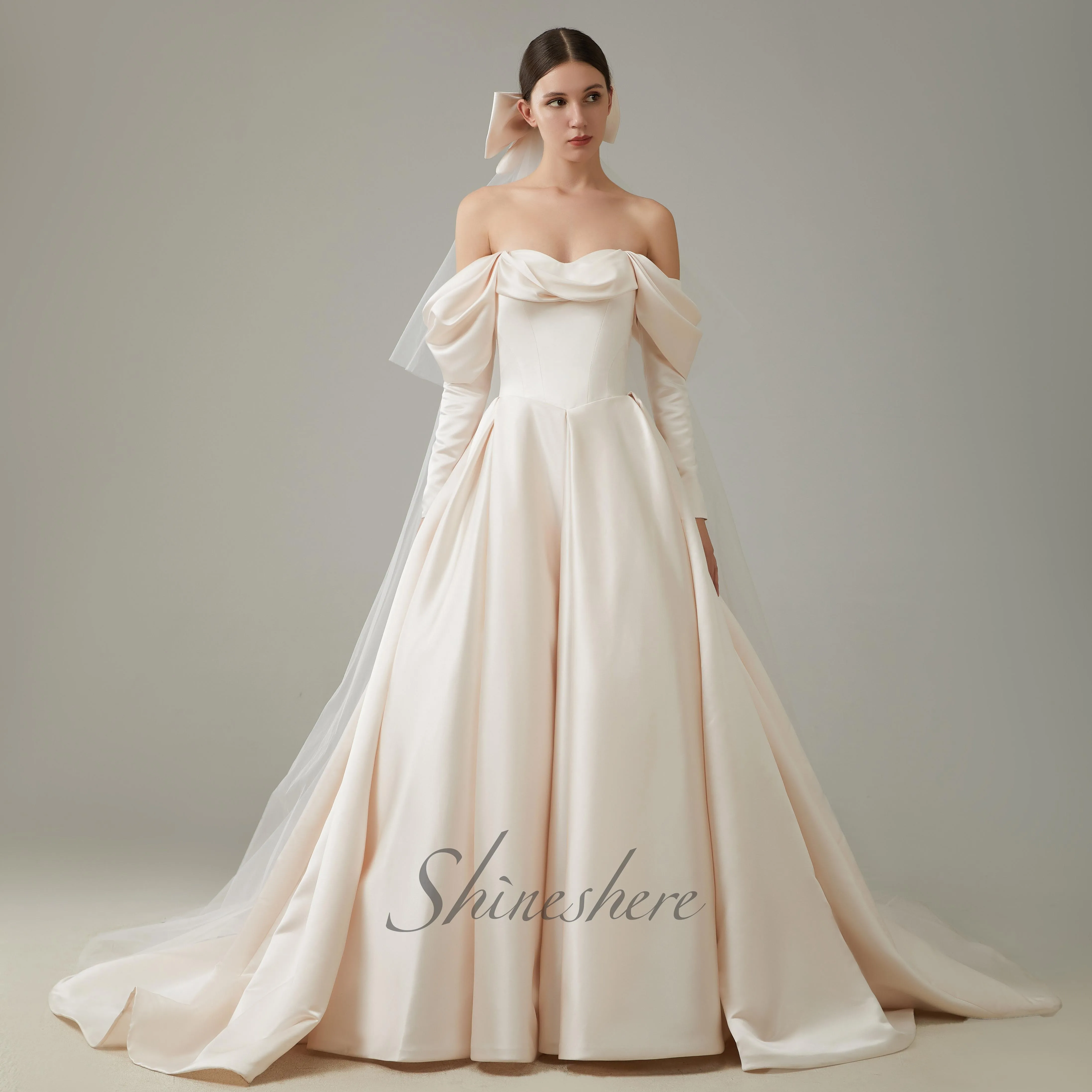 

Jusere bridal dress elegant off the shoulder pink wedding dress A-line bridal gown with sweep train