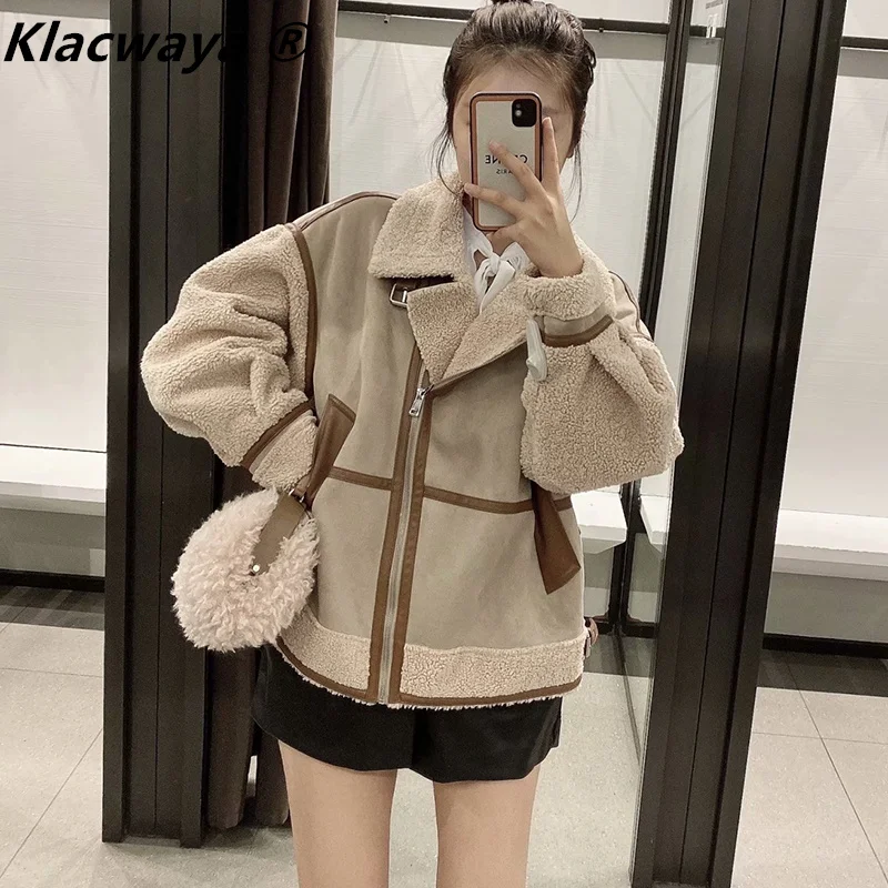 Women\'s Fashion Stitching Faux Leather Lamb  Jacket With Zipper Decoration Stand Collar Thickening Warm Winter New Jacket