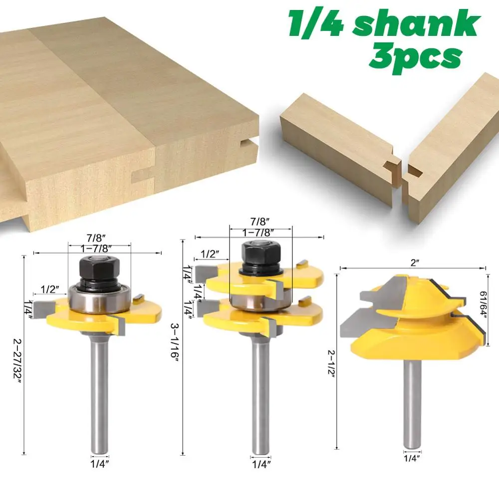 Tongue and Groove Router Bit Tool Set 1/4'' Shank With 45° Lock Miter Bit 1/4'' 6mm Shank - Solid Steel, Anti Kickback Design