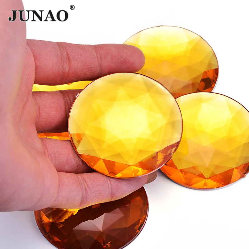 JUNAO 20pcs 52mm Yellow Color Large Round Rhinestones Applique Flatback Acrylic Strass Glue On Big Crystal Stones for Crafts