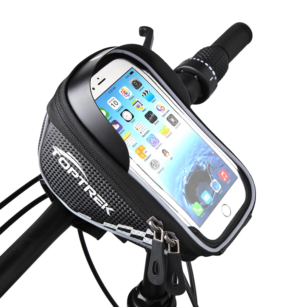 TOPTREK Cycling Bicycle Bag Bike Top Tube Handlebar Bag Phone Mount Holder For Cellphone Below 5.5 Inch Waterproof Front MTB Bag