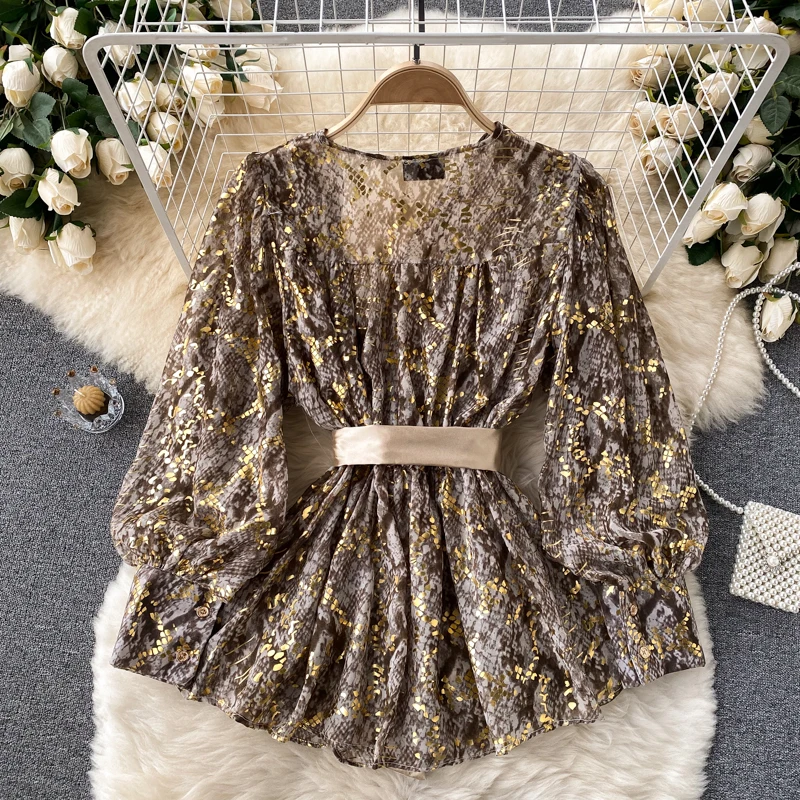 Sexy V-neck Puff Full Sleeve Long Blouse Women2021 Fashion Bandage Waist Slim Retro Golden Snake Skin Design Shirt with Belt