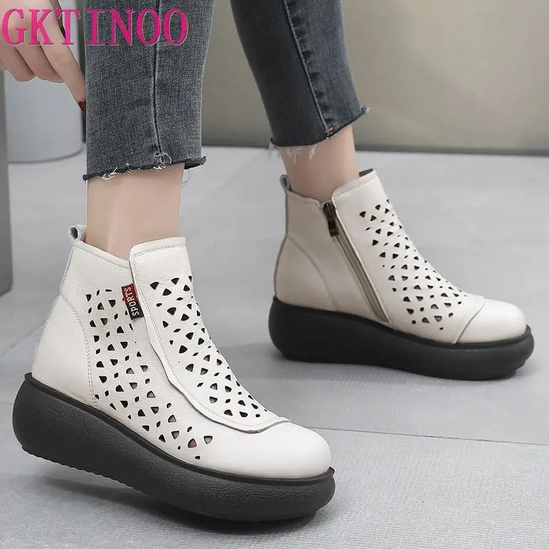 GKTINOO New Genuine Leather Wedge Ankle Boots For Women Summer Platform Shoes Retro Hollow Out Back Zipper Breathable Cool Boots